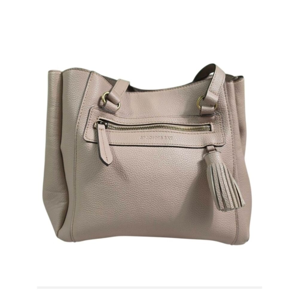 St. John Bay Pebbled Leather Tote in Light Beige with Tassel